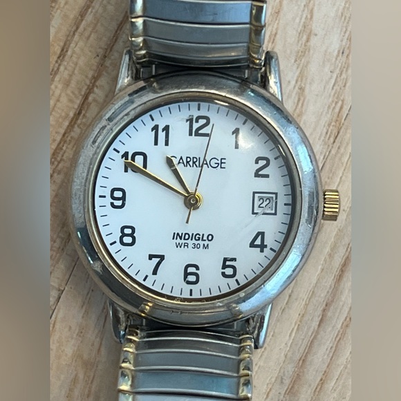 Carriage Ladies Watch Indiglo White Dial Two Tone Stretch Stainless Bracelet - Picture 4 of 8